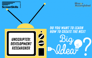 Do you want to learn how to create the next big Idea? Join Mission Accomplished and ScreenSkills in Unscripted: Development Researcher. Yellow TV with stitches connected to a white light bulb.