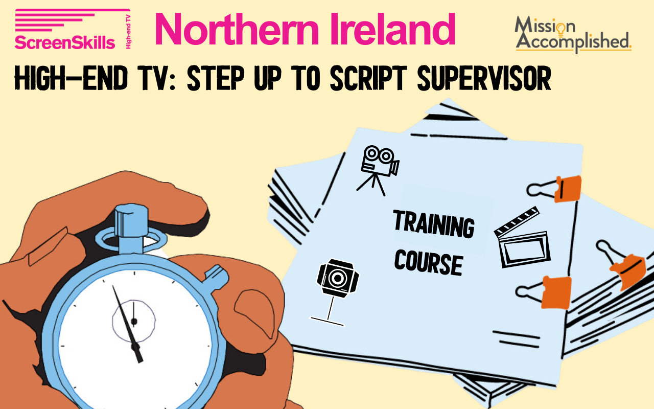 NI high-end TV: Step Up To Script Supervisor , hand with stop watch , pair stack with camera , light and clapper illustration.
