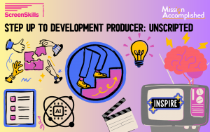 Step up to development producer graphic. Hands putting a puzzle together, a figure walking up stairs , a light bulb , a TV with clapper and clip board. A AI symbol, a clip board and Brain storm graphic. 